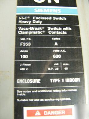 Enclosed switch, 100 amps, siemans catalog no F353
