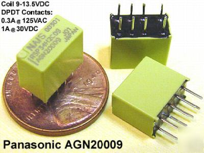 Qty (10) sub-miniature dpdt relays, 9 volt coil