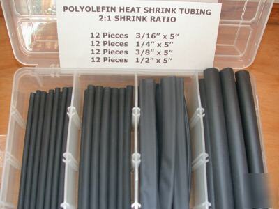 20' heat shrink tubing black & case 3/16
