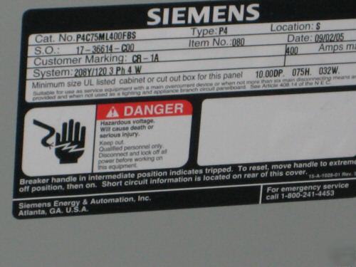 New siemens P4C75ML400FBS 400 amp panel TYPE1 enclosure 