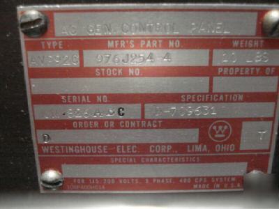 Westinghouse ac gen control panel 976J254-4 aviation 
