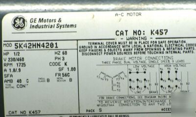 Ge-stearns K457 brake motor 1/2 hp 230/460V 3 phase wow