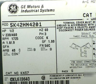 Ge-stearns K457 brake motor 1/2 hp 230/460V 3 phase wow