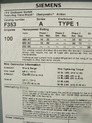 Enclosed switch, 100 amps, siemans catalog no F353