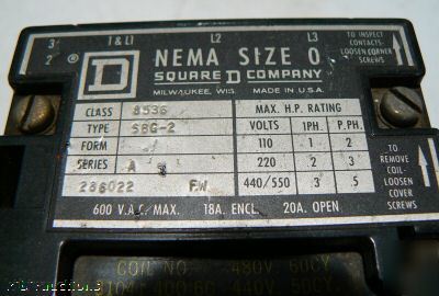 Square d nema 0 open type 8536 motor starter