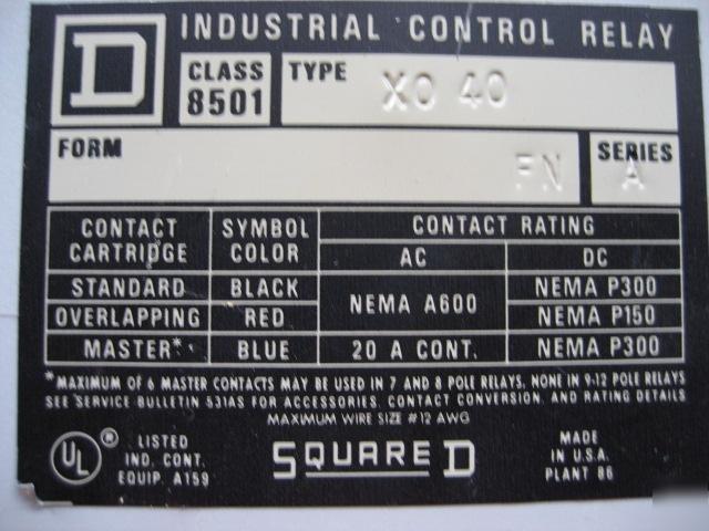 Square d type X0 40 relay class 8501 series a