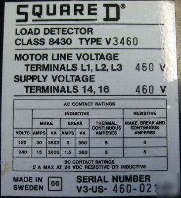 Square d class 8430/type V3460 load detector relay