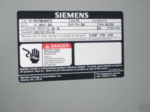 Siemens electrical breaker box P4C75ML400FTS 400 amp