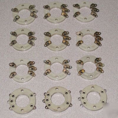 12 1940's circular ceramic 5 pin terminal blocks strips